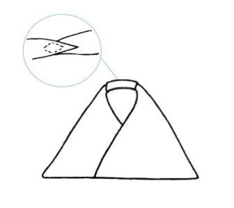 black and white illustration showing the handle with the two ends of the bag fabric sewn together inside